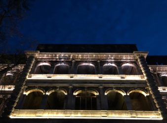 Entrance of the Grand Sofar Hotel, lit up for the Tom Young exhibition in 2018. (Lynn Sheikh Moussa)