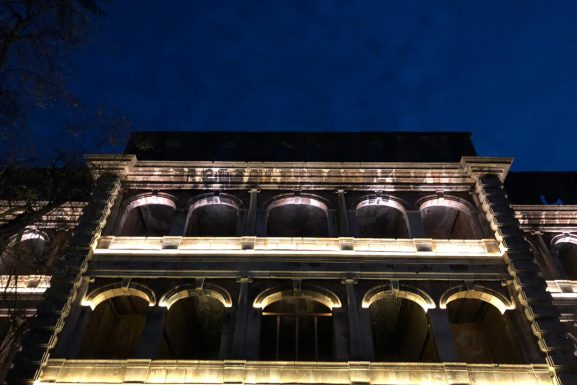 Entrance of the Grand Sofar Hotel, lit up for the Tom Young exhibition in 2018. (Lynn Sheikh Moussa)