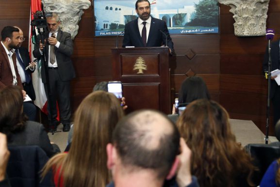 Lebanese Prime Minister Saad Hariri at the presidential palace in Baabda after the fomation of the new government in January 2019. (AP/Hussein Malla)