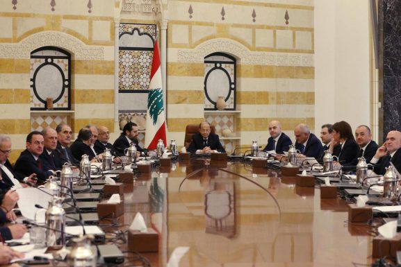 الرئيس ميشال عون في الاجتماع الأول للحكومة اللبنانية الجديدة في 2 فبراير. (The National)