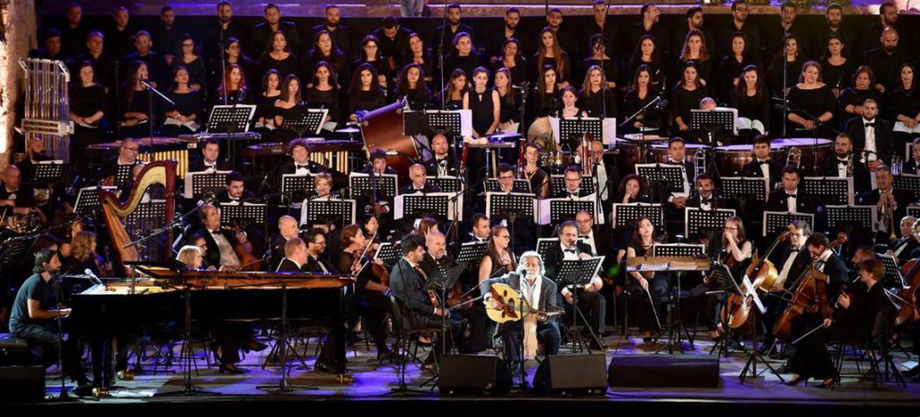 Marcel Khalife and the band at the 2019 Baalbeck International Festival. (EPA | The National)