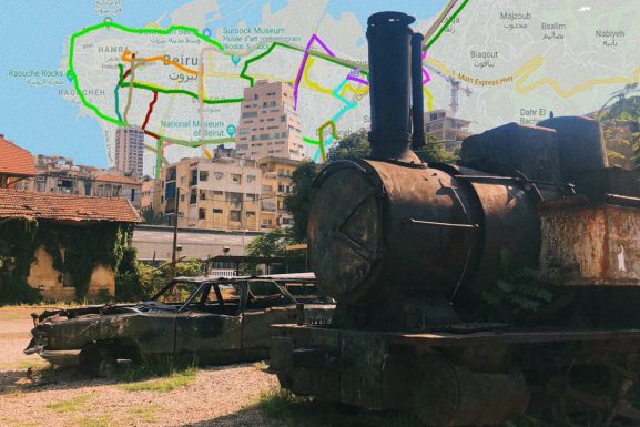 Disused train and car against a Beirut map backdrop (By Cynthia Nahhas)