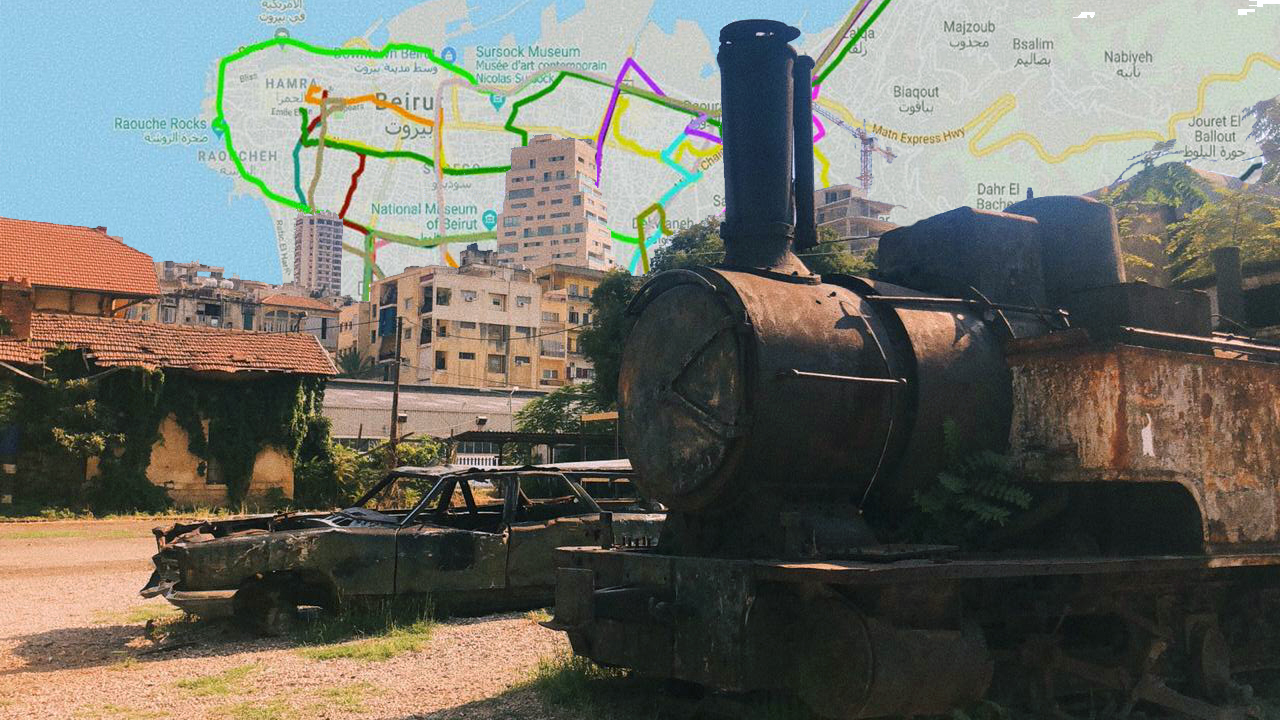 Disused train and car against a Beirut map backdrop (By Cynthia Nahhas)