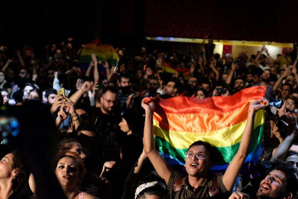 Pride flag at the Mashrou' Leila concert. (Lynn Sheikh Moussa)