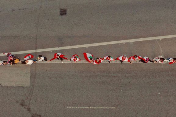 Aerial view of a part of the human chain formed by protesters in Lebanon on October 27. (Omar El Imadi)