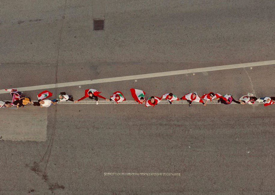 Aerial view of a part of the human chain formed by protesters in Lebanon on October 27. (Omar El Imadi)