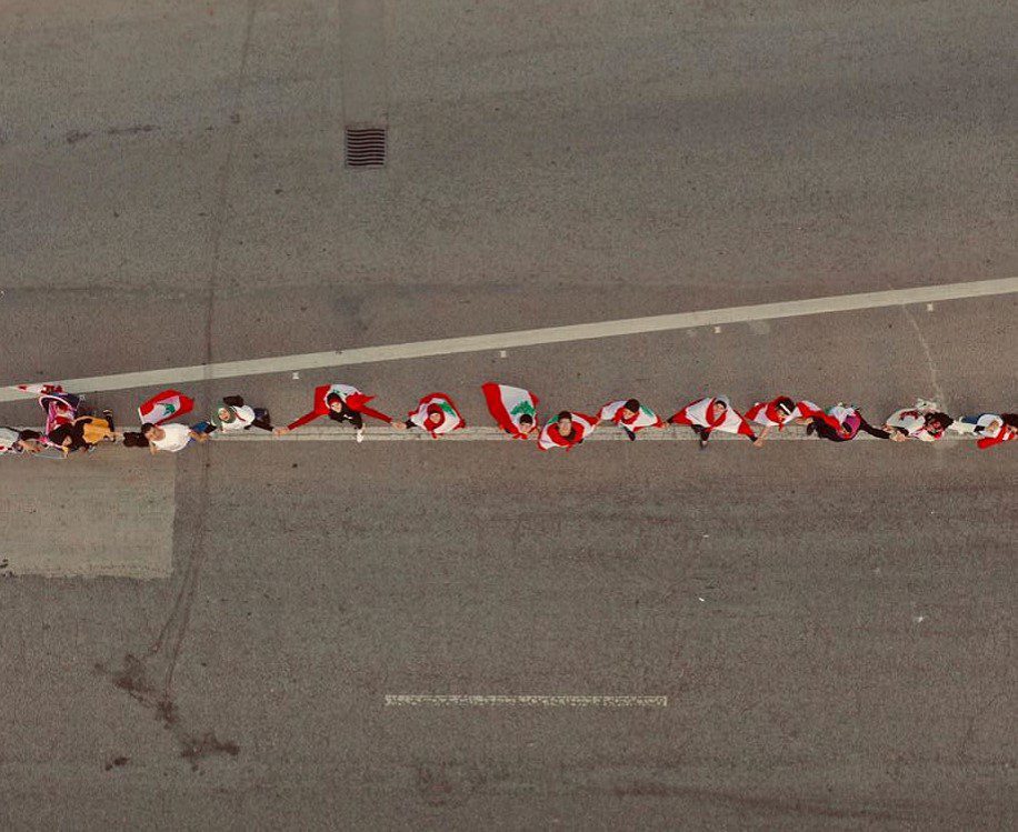 Aerial view of a part of the human chain formed by protesters in Lebanon on October 27. (Omar El Imadi)