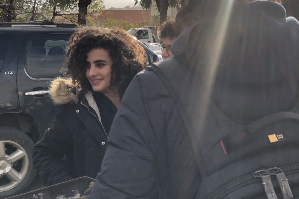 Activist Nidal Ayoub in front of the Cybercrimes Bureau on January 7, 2020. (PHOTO: Twitter / @SK_Eyes)