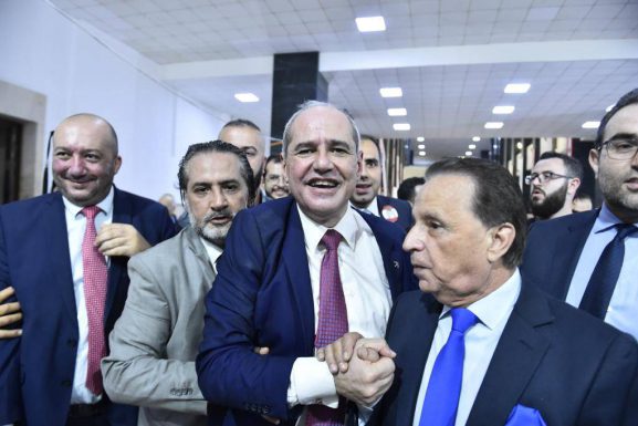 Moments after Melhem Khalaf was elected as the independent head of the Beirut Bar Association for lawyers in November. (Ahmad Azakir/Annahar)