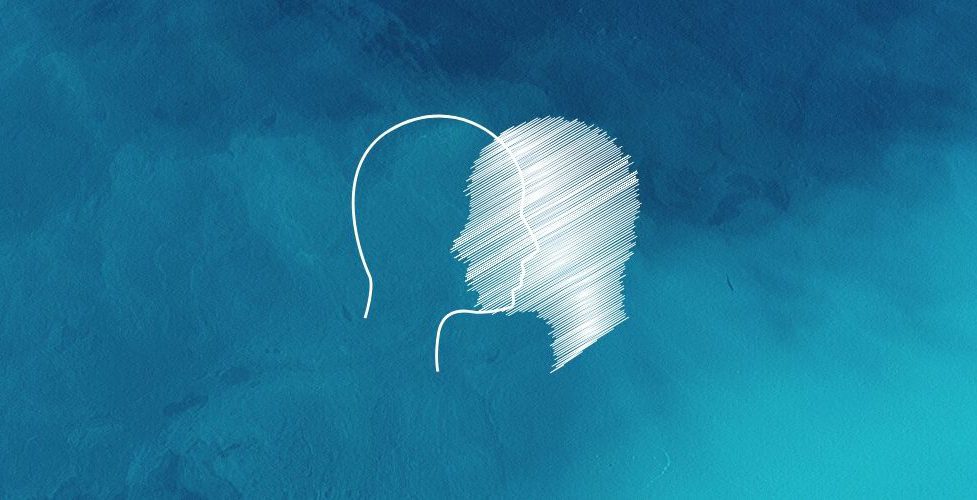 Mental health article visual, outline of a face facing the insides of the face against a blue, watery background