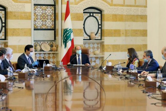 President Michel Aoun heads a cabinet meeting on April 9, 2020. (Photo: Dalati Nohra/Handout via Reuters) Economic draft plan article