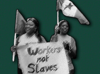 Migrant workers article main header, green background (Original photo taken from The Daily Star / Mohammad Azakir)