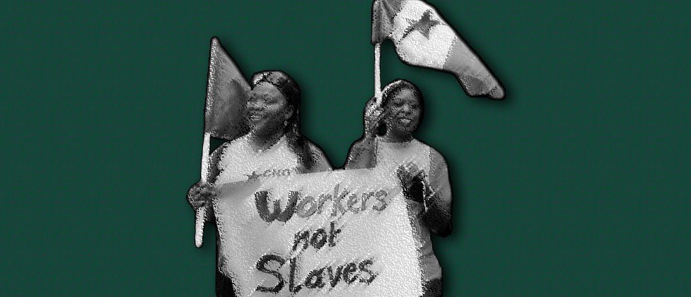 Migrant workers article main header, green background (Original photo taken from The Daily Star / Mohammad Azakir)