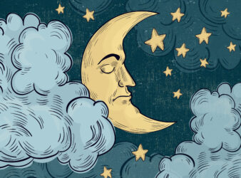 Dreams and nightmares under COVID-19 and economy in Lebanon article. Photo shows a the moon floating among clouds, with a sad face on.