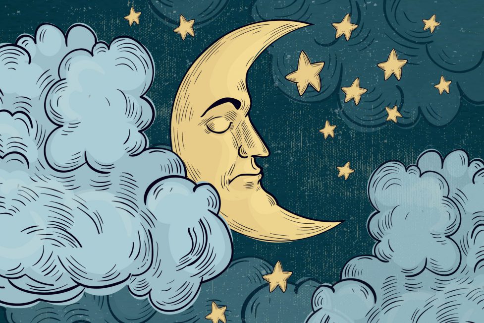 Dreams and nightmares under COVID-19 and economy in Lebanon article. Photo shows a the moon floating among clouds, with a sad face on.