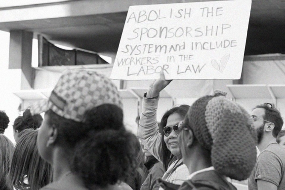Migrant workers demand the abolishment of Lebanon's Kafala system during the Women's March in 2019. (Photo: Laudy Issa)