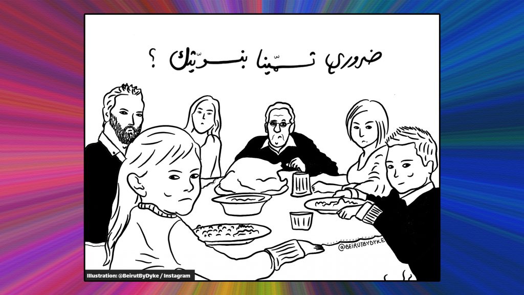 Queerness in the Arab World Article: Photo of family on table staring at you in discontent. Reads above them: "Do you have to upset us with your feminism?"