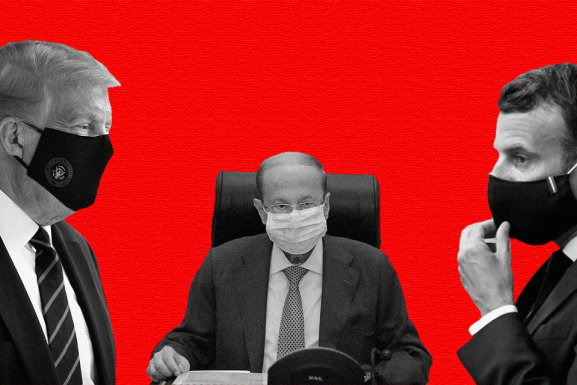 Presidents Donald Trump from the United States of America, Michel Aoun from Lebanon, and Emmanuel Macron from France against a red backdrop