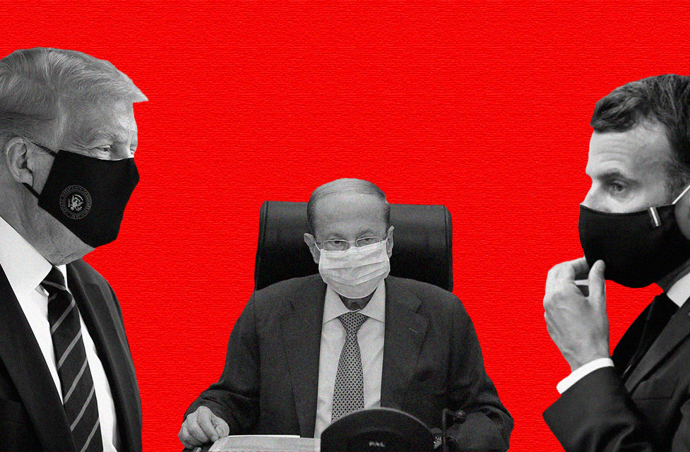 Presidents Donald Trump from the United States of America, Michel Aoun from Lebanon, and Emmanuel Macron from France against a red backdrop