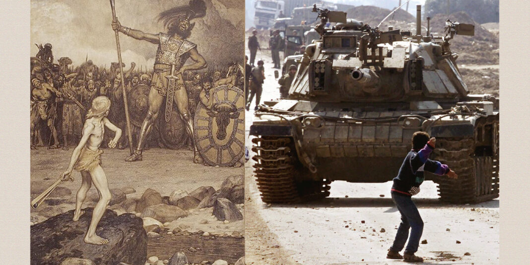 david goliath On the left is Osmar Schindler’s 1888 painting “David and Goliath.” On the right is 15-year-old Faris Odeh throwing a rock at an Israeli tank during the Second Intifada. He was killed by the Israelis ten days after this picture was taken.