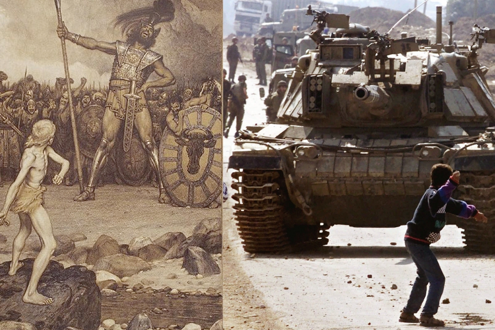 On the left is Osmar Schindler’s 1888 painting “David and Goliath.” On the right is 15-year-old Faris Odeh throwing a rock at an Israeli tank during the Second Intifada. He was killed by the Israelis ten days after this picture was taken.