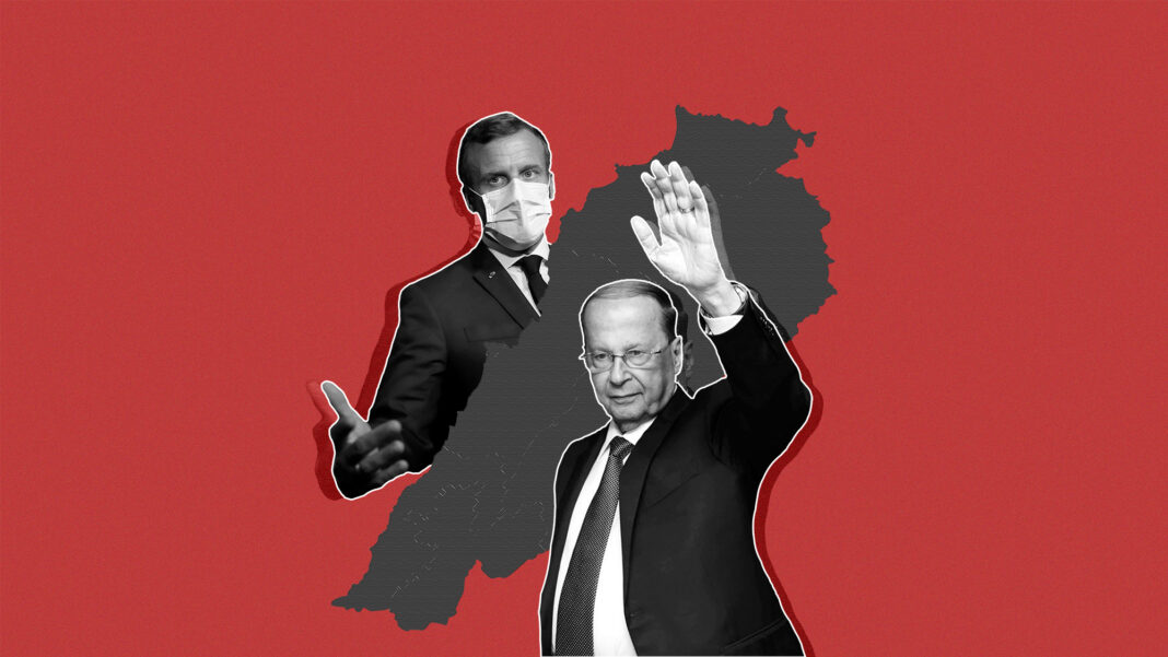 Collage of Aoun, Macron, and Lebanon