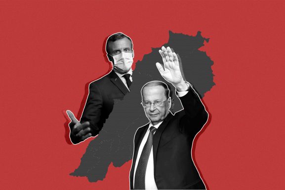 Collage of Aoun, Macron, and Lebanon