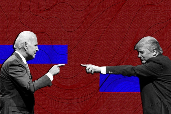 Biden and Trump pointing fingers against a red background