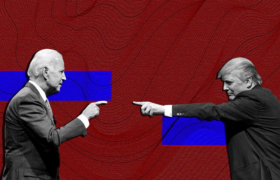 Biden and Trump pointing fingers against a red background