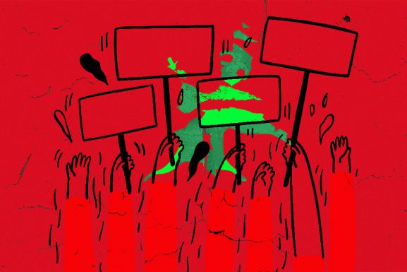 Referendum article: Mosaic of broken Lebanese flag superimposed on protesters outline carrying placards.