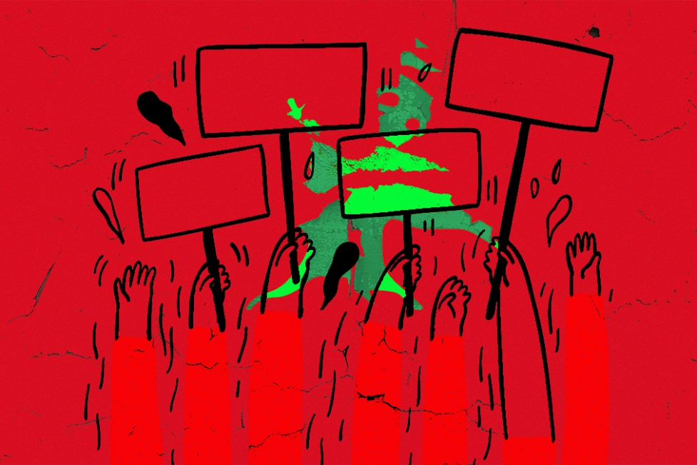 Referendum article: Mosaic of broken Lebanese flag superimposed on protesters outline carrying placards.