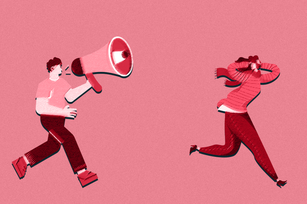 On harassment in Lebanon. Man walking with a megaphone. In front of him, a woman runs and looks back at him while covering her ears.