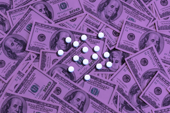Medicines : Collage of white pills superimposed on a background of purple dollar bills.
