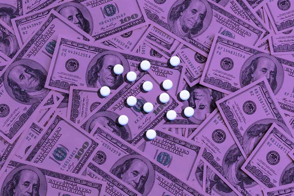 Medicines : Collage of white pills superimposed on a background of purple dollar bills.