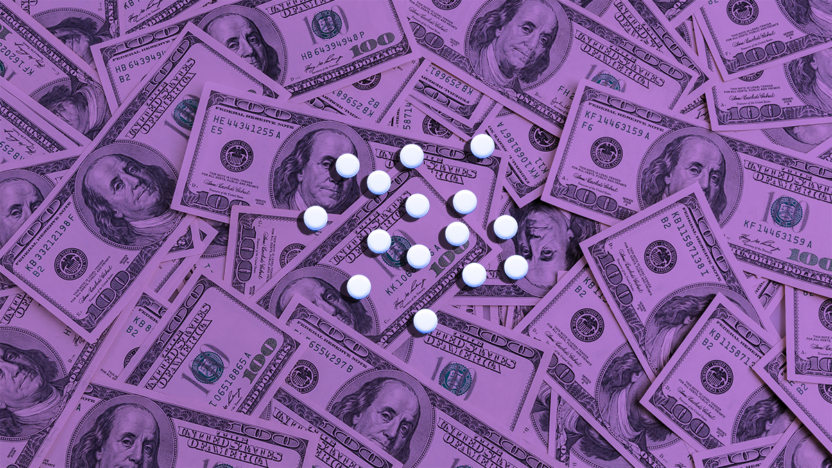 Medicines : Collage of white pills superimposed on a background of purple dollar bills.