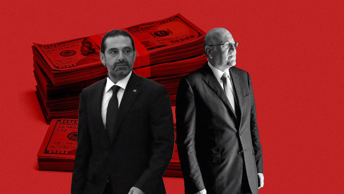Collage of Saad Hariri and Najib Mikati, billionaires, against stacks of dollars in the backdrop. Photo collage credits: Saad Hariri via Reuters, Najib Mikati via Newsweek