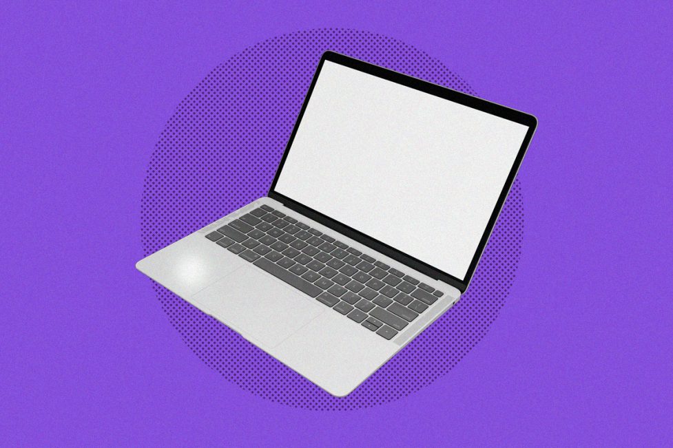 Laptops for Beirut: Photo of a laptop against a light purple background and darker purple screentones behind the opened laptop.