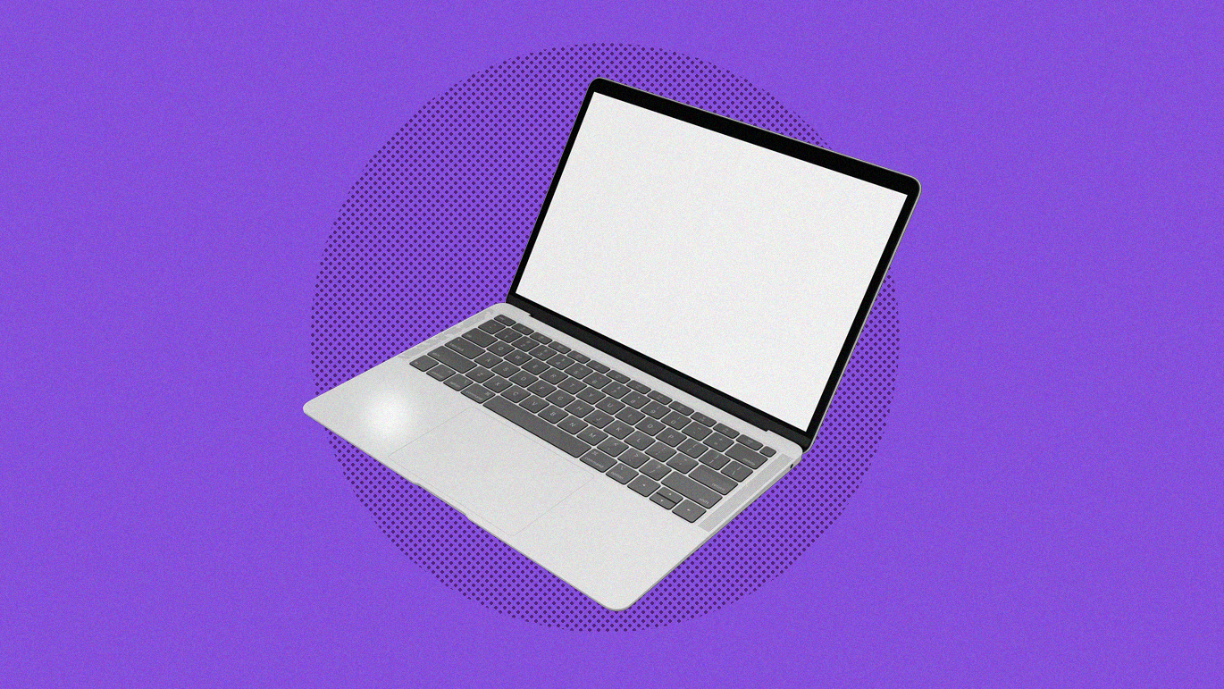 Laptops for Beirut: Photo of a laptop against a light purple background and darker purple screentones behind the opened laptop.