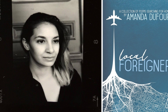 Side by side photos of Amanda Dufour and the cover of her "Local Foreigner" poetry anthology.