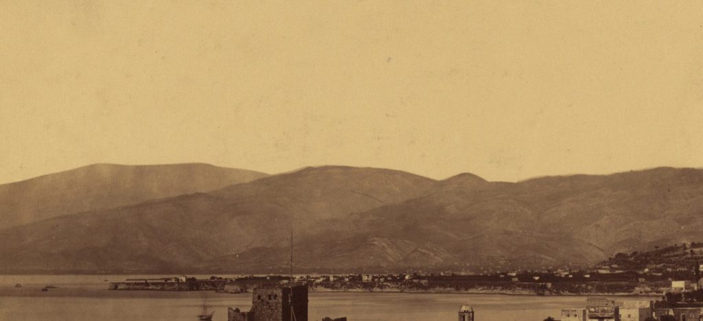Wide shot of the docking area for travellers and the Beirut lazzaretto, built in 1835 in what is now known as Karantina to quarantine passengers coming into the city. (Via the Felix Bonfils Collection, dated between 1867 – 1899)