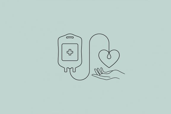 Minimal blood donation graphic showing blood bag attached to a heart and the heart is above an open hand ready to receive