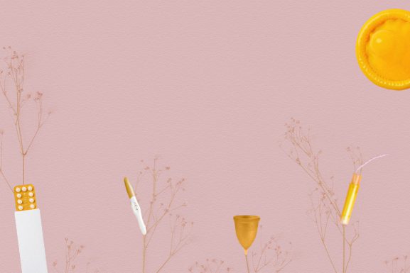 Collage of sexual health products as parts of trees, and with a yellow condom as a sun, against a pale pink background. Mauj article.