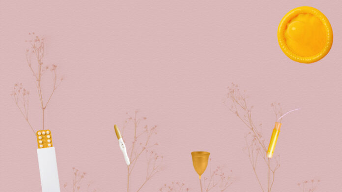 Collage of sexual health products as parts of trees, and with a yellow condom as a sun, against a pale pink background. Mauj article.