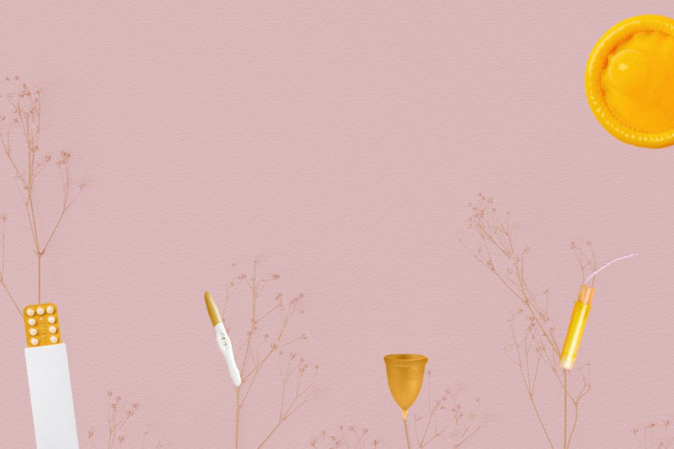 Collage of sexual health products as parts of trees, and with a yellow condom as a sun, against a pale pink background. Mauj article.