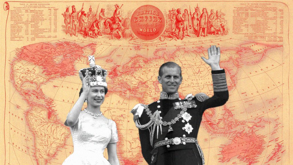 Collage of Prince Philip and the Queen waving. Behind them is a map of British colonialism across the world.