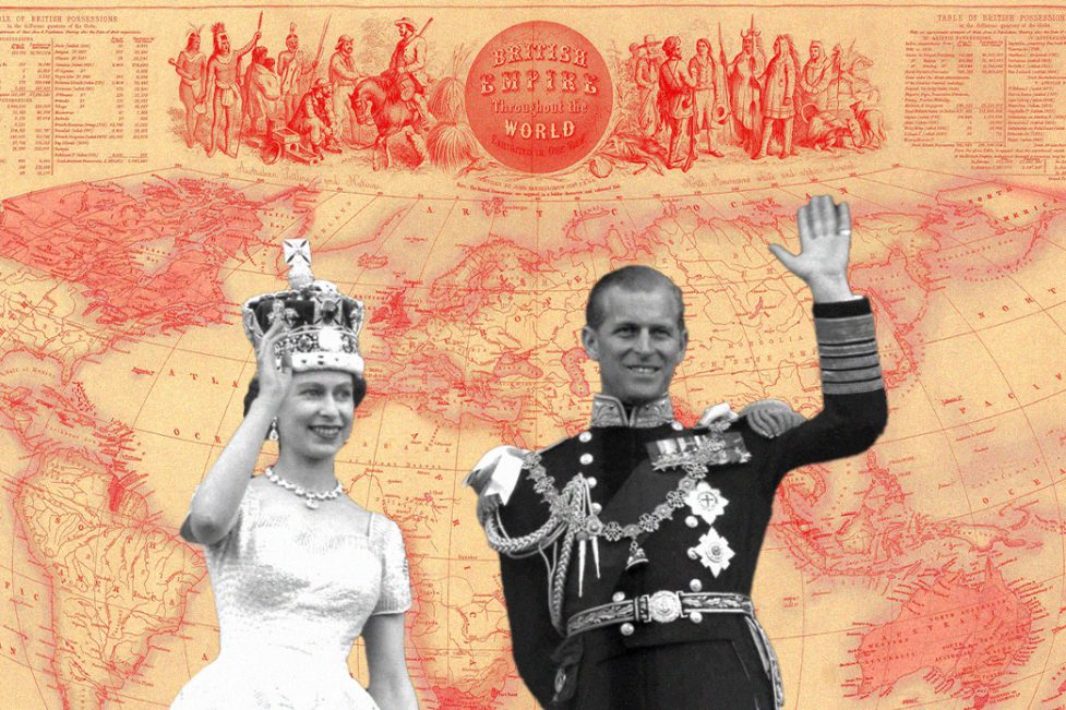 Collage of Prince Philip and the Queen waving. Behind them is a map of British colonialism across the world.