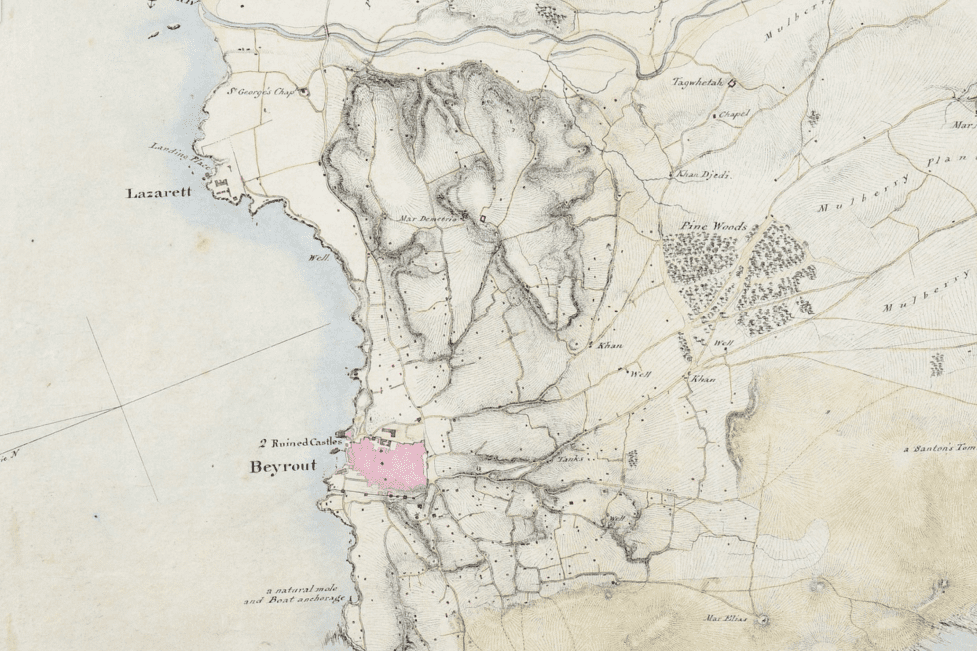 1841 Rochfort Scott map showing Beirut and the lazzaretto, where travellers would quarantine prior to entering the city. (