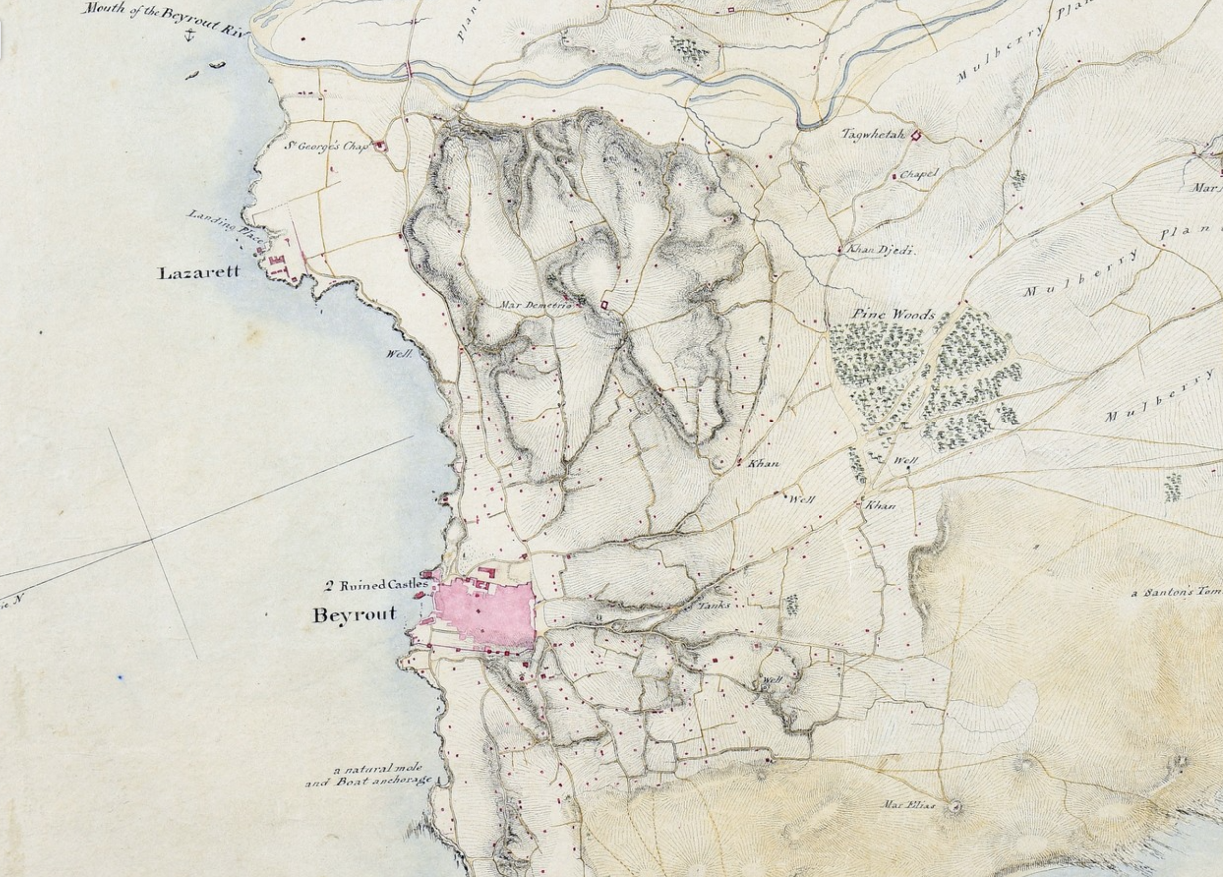1841 Rochfort Scott map showing Beirut and the lazzaretto, where travellers would quarantine prior to entering the city. (