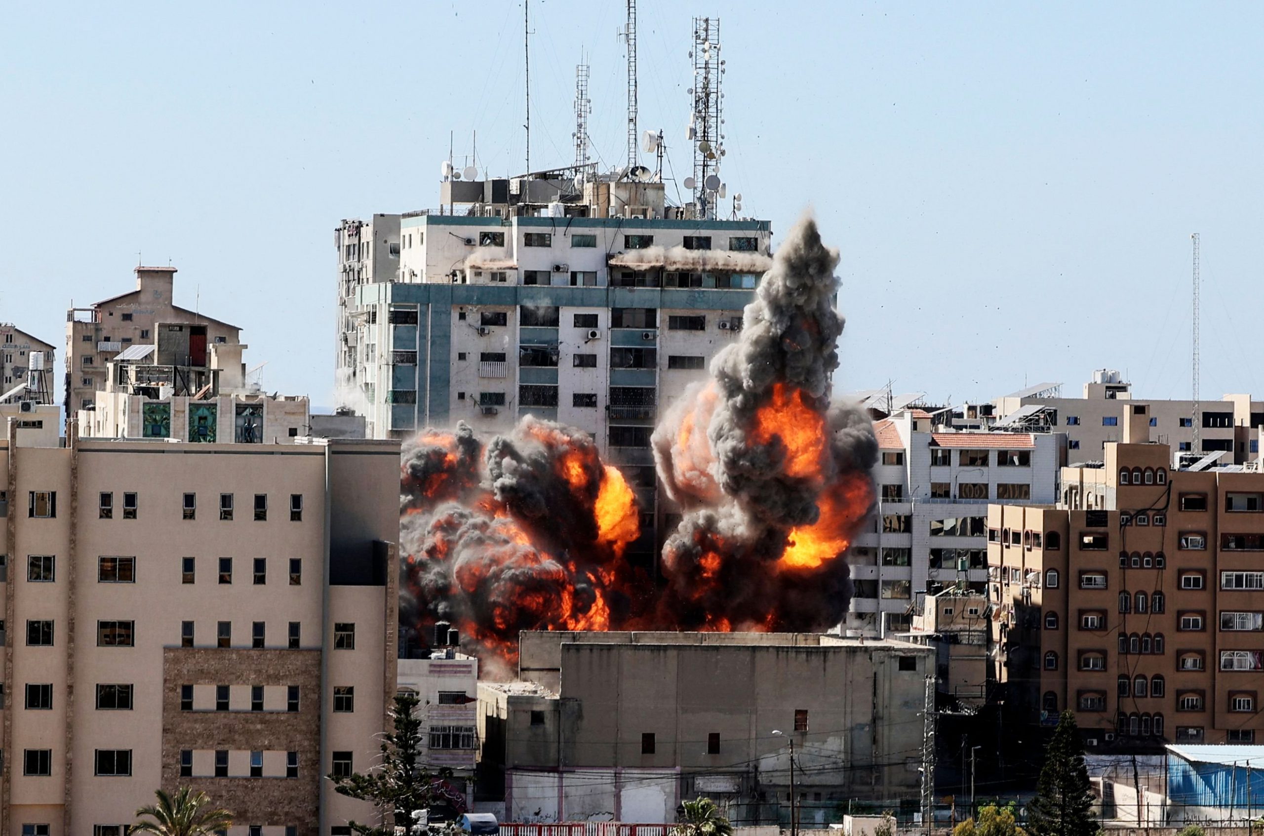 Jala Tower destroyed in an Israeli airstrike in Gaza. (Photo: NBC News via Mahmud Hams / AFP / Getty Images)
