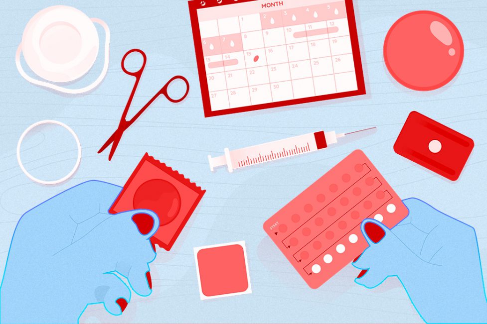 Illustration showing various contraceptive methods laid out on a table